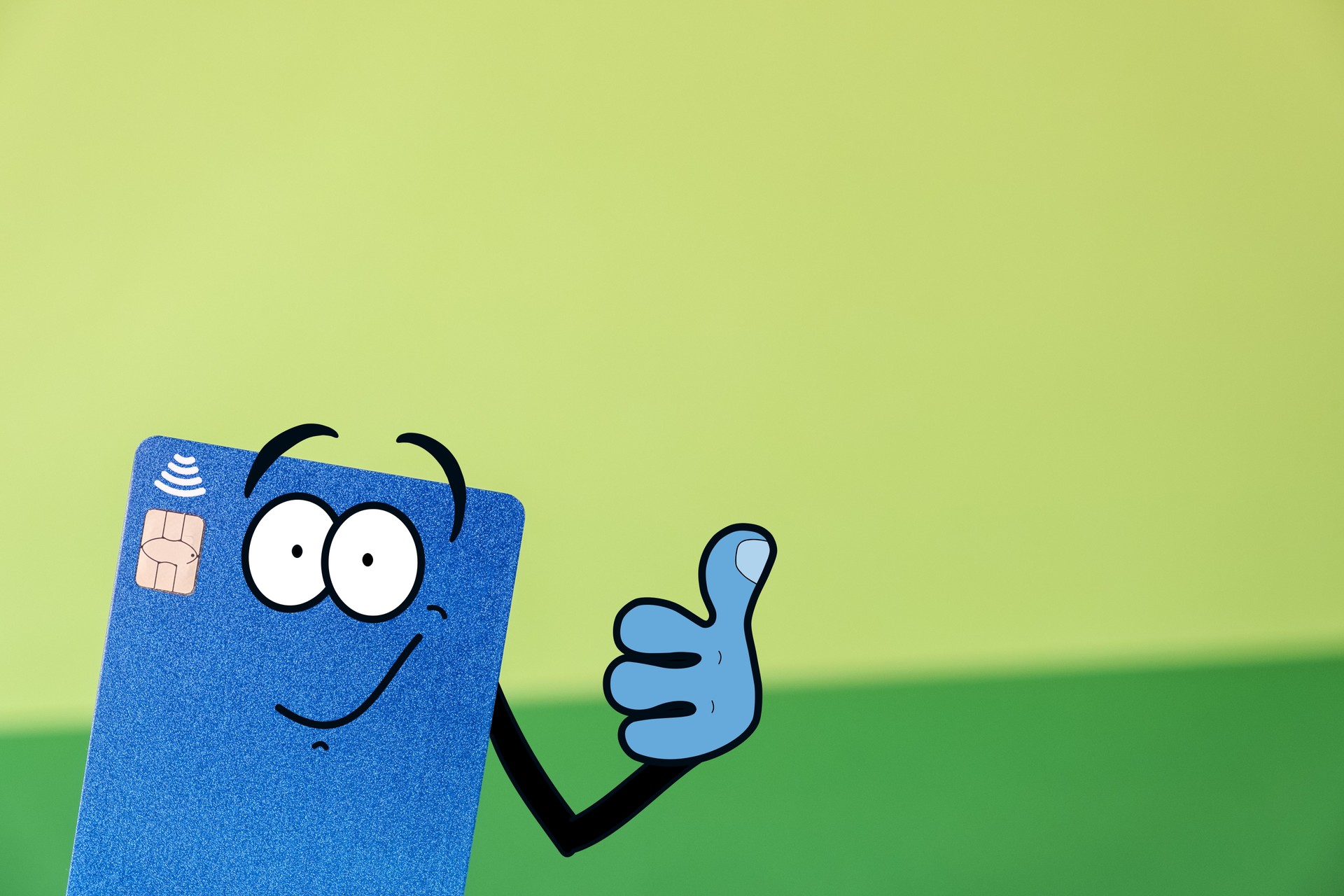 Humanized credit card smiles and shows thumb on a green background