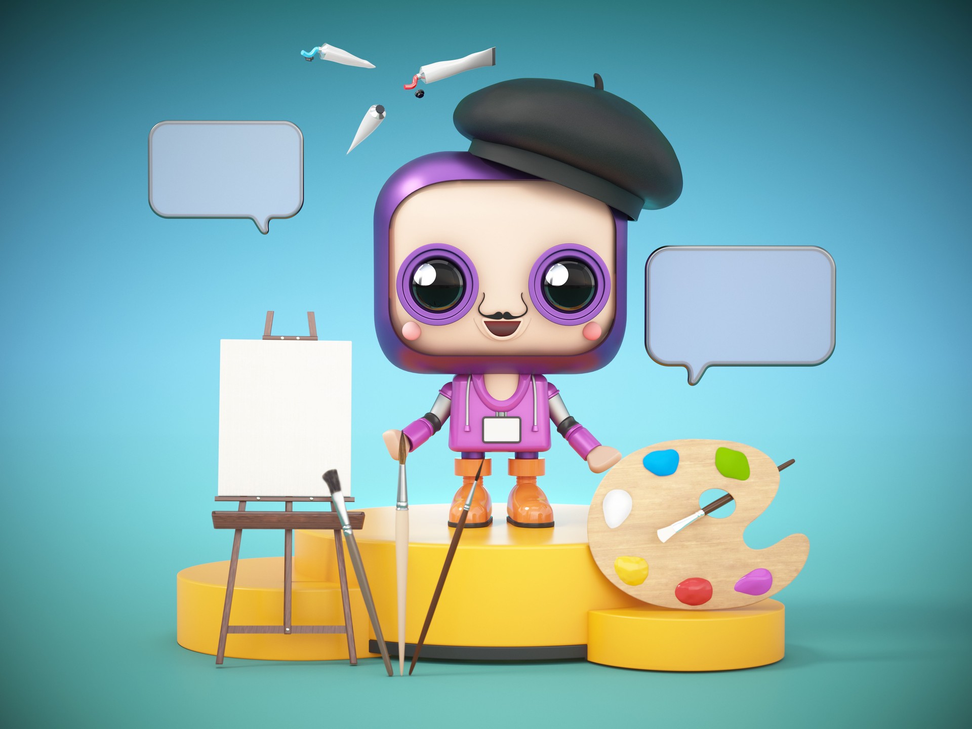 A cheerful robot cartoon artist character in a beret stands beside a blank canvas and a colorful palette in a creative environment. AI chat bot concept
