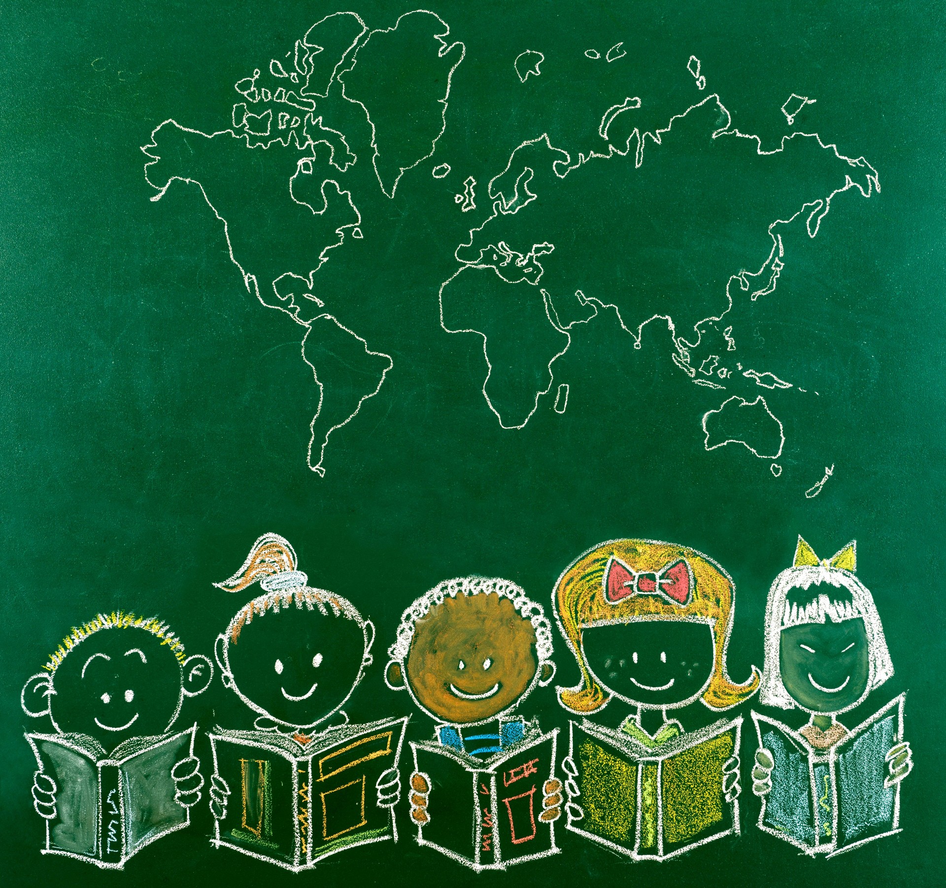 Multi-Ethnic School Children and World's Map